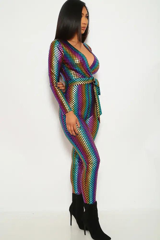 Rainbow Checkered Print Long Sleeve Jumpsuit - AMIClubwear