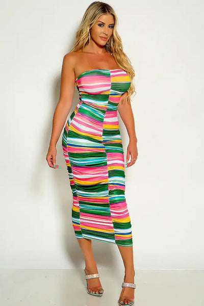 Rainbow Colored Strapless Ruched Midi Dress - AMIClubwear