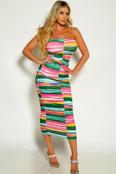 Rainbow Colored Strapless Ruched Midi Dress - AMIClubwear