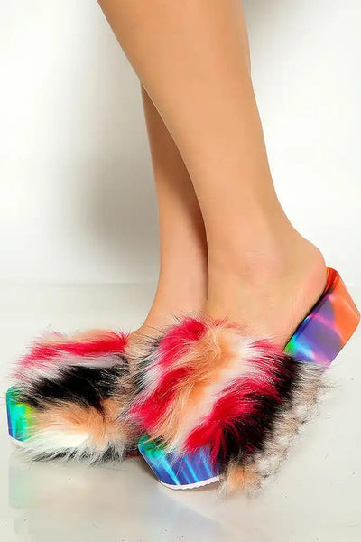 Rainbow Faux Fur Open Toe Slip On Platform Sandals - AMIClubwear