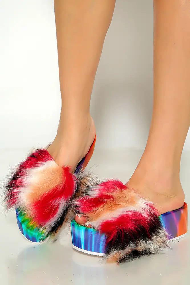 Rainbow Faux Fur Open Toe Slip On Platform Sandals - AMIClubwear