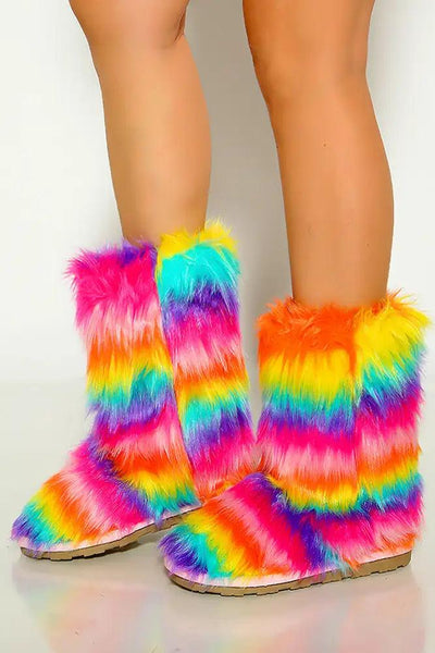 Rainbow Faux Fur Slip On Cozy Boots - AMIClubwear