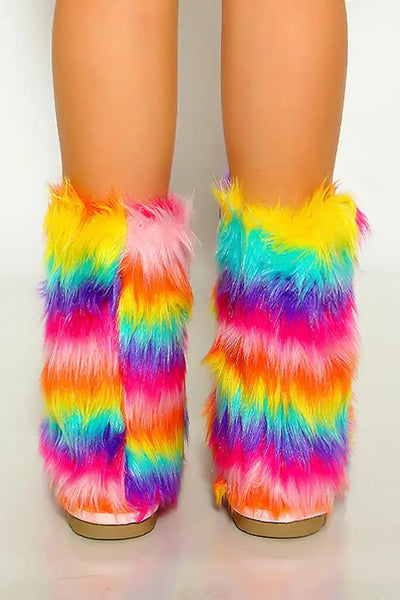 Rainbow Faux Fur Slip On Cozy Boots - AMIClubwear