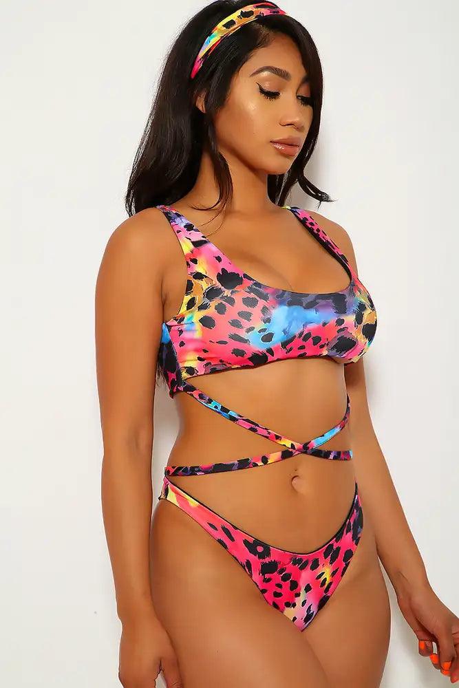 Rainbow Leopard Print Three Piece Swimsuit - AMIClubwear