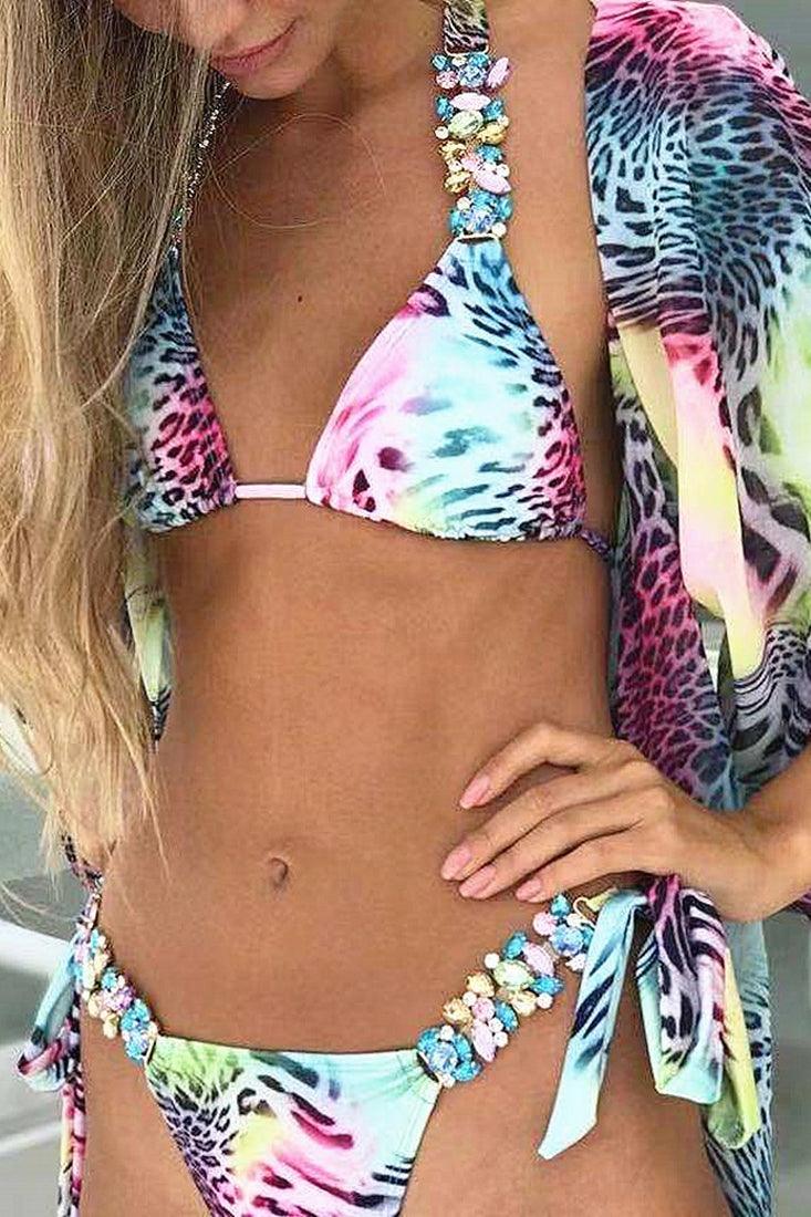 Rainbow Leopard Rhinestone Halter Triangle 2 Pc Bikini Set - AMIClubwear