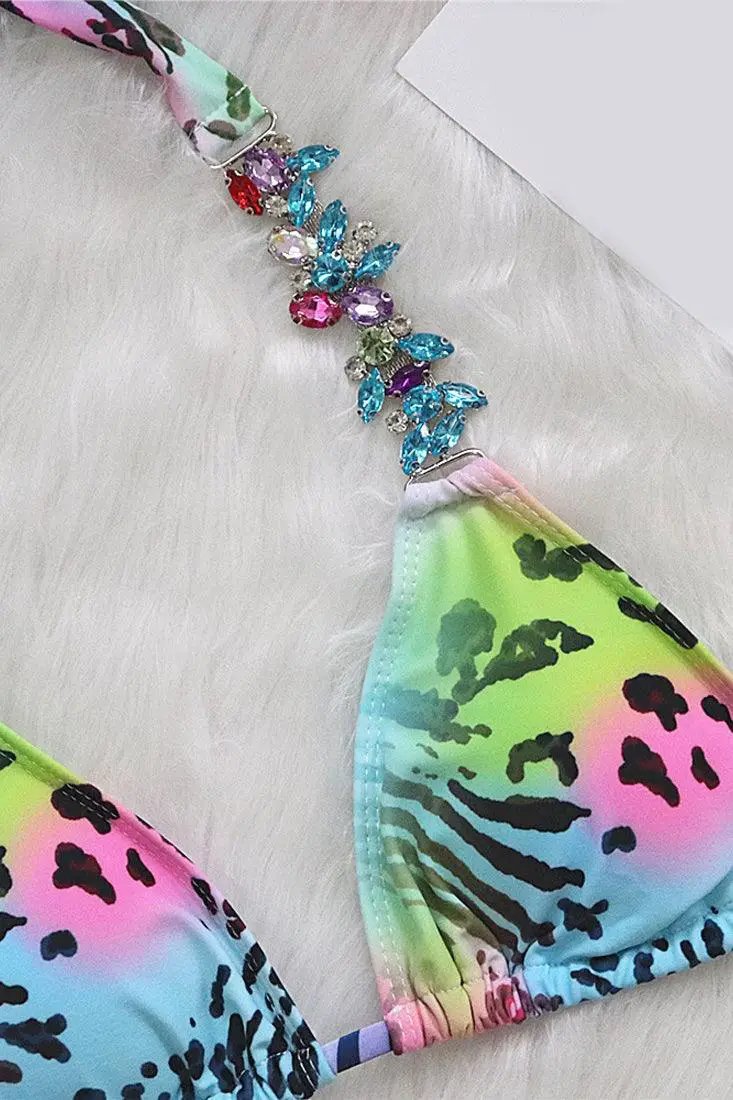 Rainbow Leopard Rhinestone Halter Triangle 2 Pc Bikini Set