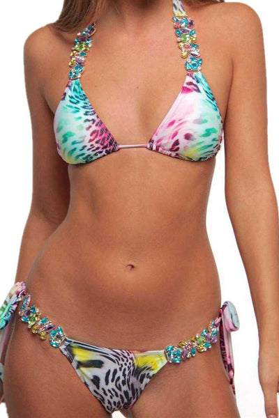 Rainbow Leopard Rhinestone Halter Triangle 2 Pc Bikini Set - AMIClubwear