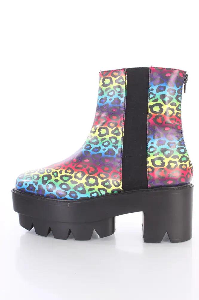 Rainbow Leopard Traction Sole Platform Booties Faux Leather - AMIClubwear