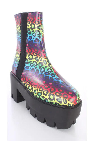 Rainbow Leopard Traction Sole Platform Booties Faux Leather - AMIClubwear