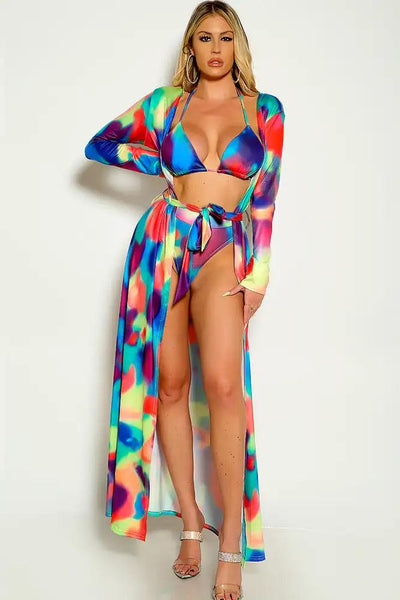 Rainbow Long sleeve Cover Up Three Piece Sexy Swimsuit Set - AMIClubwear