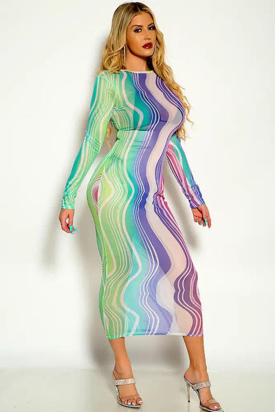 Rainbow Long Sleeve Mesh Midi Dress - AMIClubwear