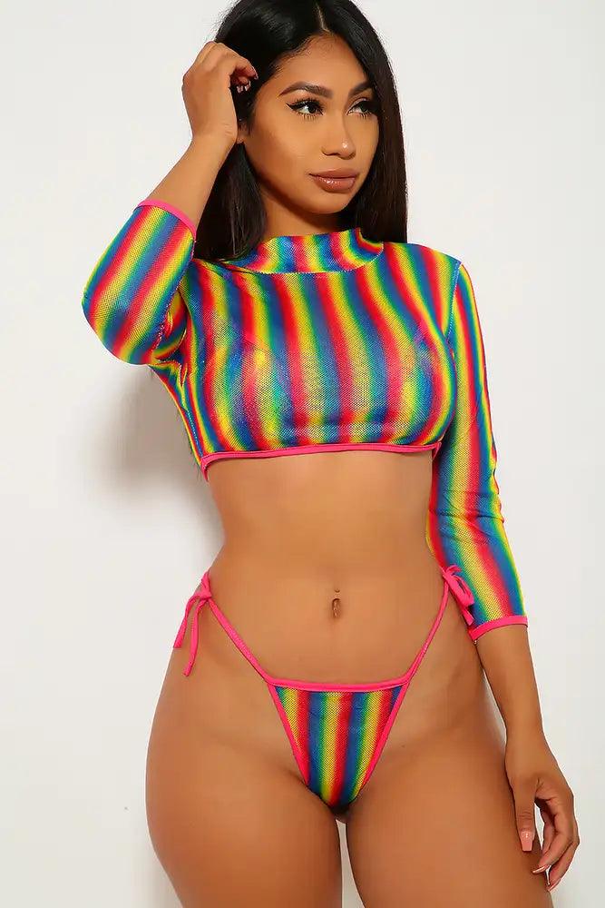 Rainbow Netted Three Piece Swimsuit - AMIClubwear