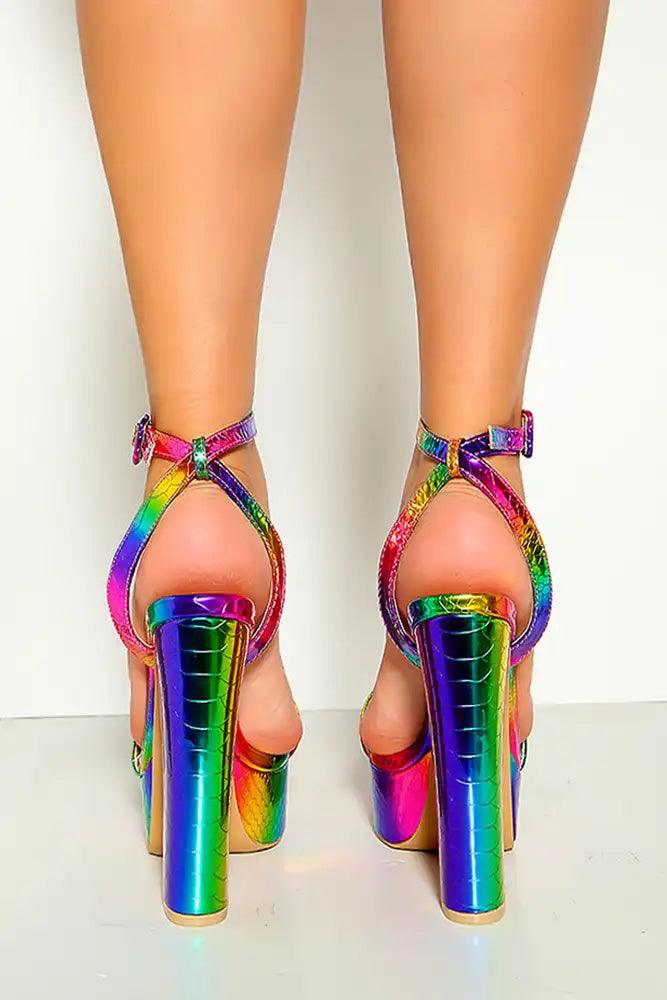 Rainbow Open Toe Ankle Strap Platform High Heels - AMIClubwear