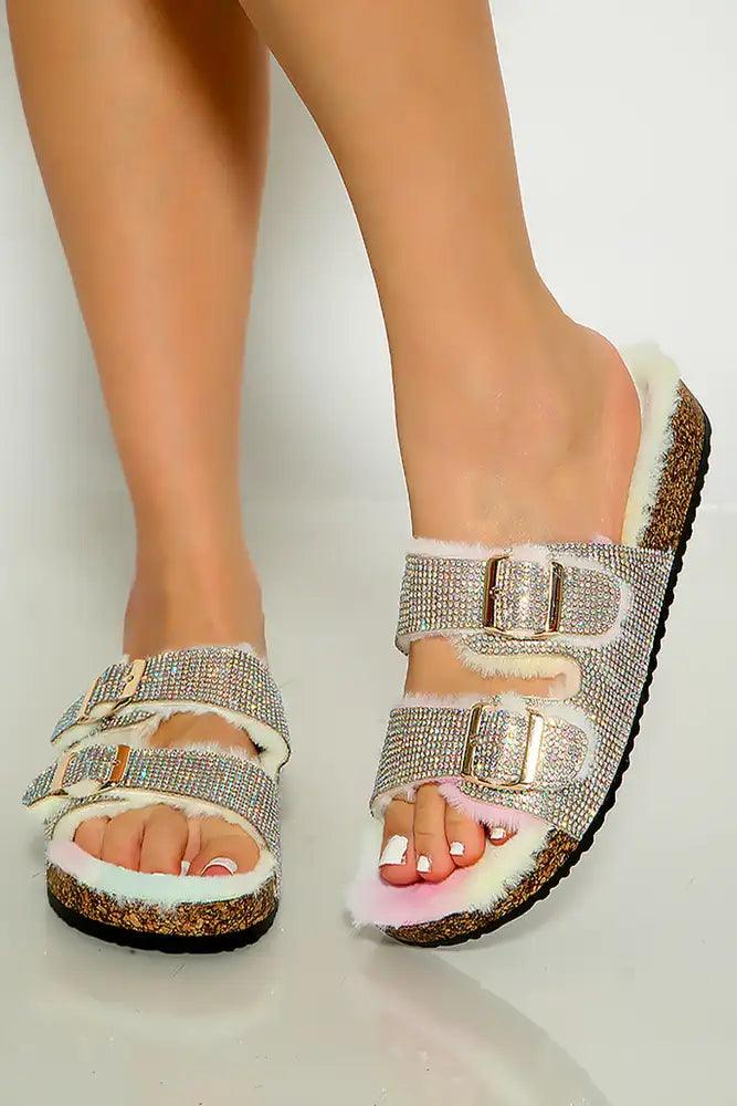 Rainbow Open Toe Rhinestone Faux Fur Buckle Sandals - AMIClubwear