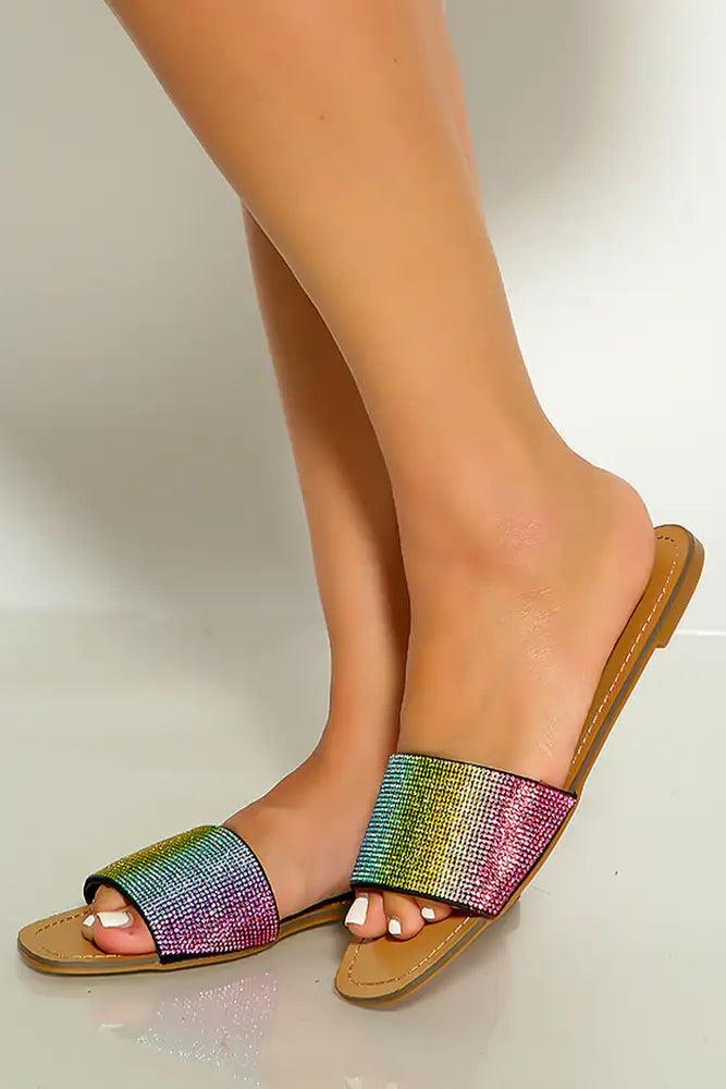 Rainbow Print Rhinestone Detail Open Toe Slip On Sandals - AMIClubwear