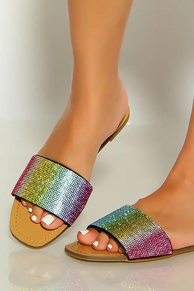 Rainbow Print Rhinestone Detail Open Toe Slip On Sandals - AMIClubwear