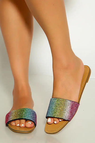 Rainbow Print Rhinestone Detail Open Toe Slip On Sandals - AMIClubwear