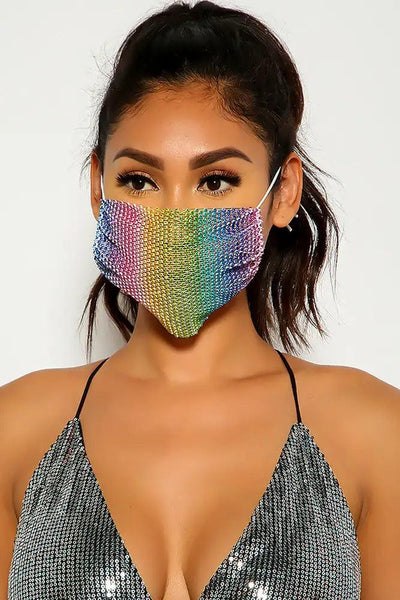 Rainbow Rhinestones Face Mask - AMIClubwear