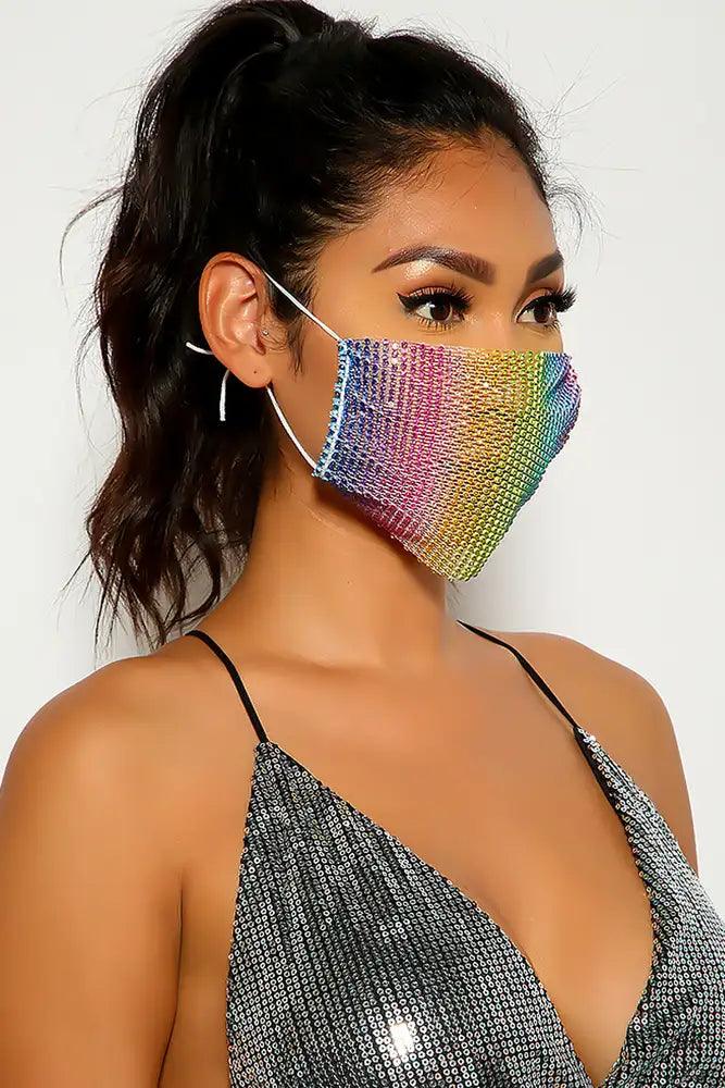 Rainbow Rhinestones Face Mask - AMIClubwear