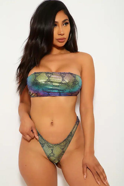 Rainbow Snake Print Iridescent Two Piece Swimsuit - AMIClubwear