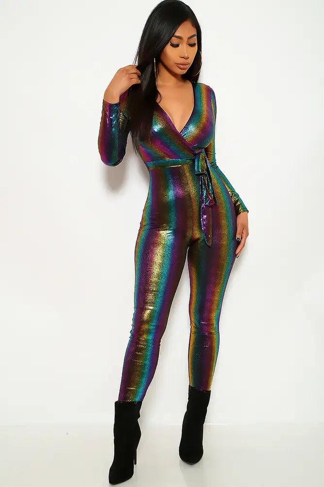 Rainbow Striped Long Sleeve Jumpsuit - AMIClubwear