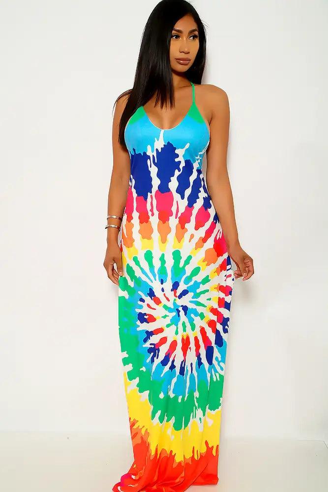 Rainbow Tie Dye Print Maxi Party Dress - AMIClubwear