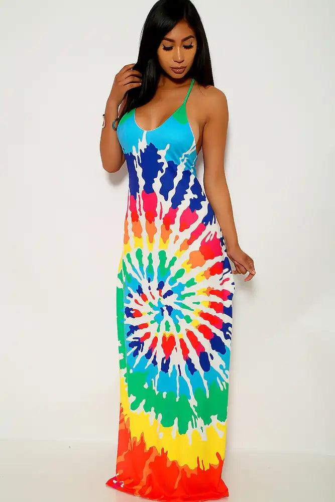 Rainbow Tie Dye Print Maxi Party Dress - AMIClubwear