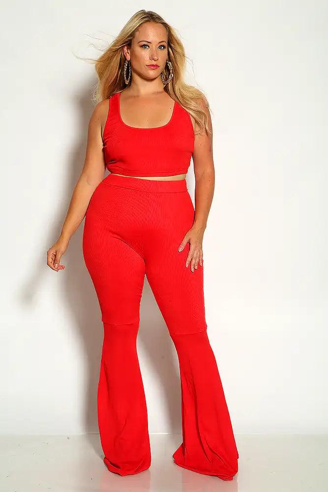 Rec Sleeveless Ribbed Cropped Flared Plus Size Two Piece Outfit - AMIClubwear