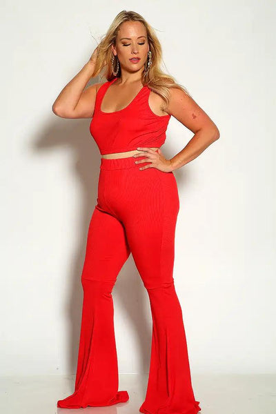 Rec Sleeveless Ribbed Cropped Flared Plus Size Two Piece Outfit - AMIClubwear