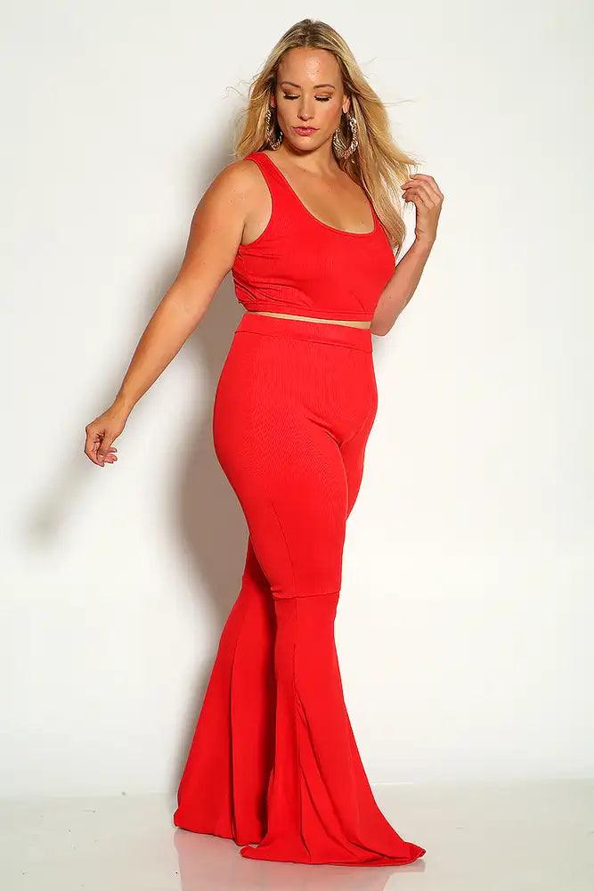 Rec Sleeveless Ribbed Cropped Flared Plus Size Two Piece Outfit - AMIClubwear