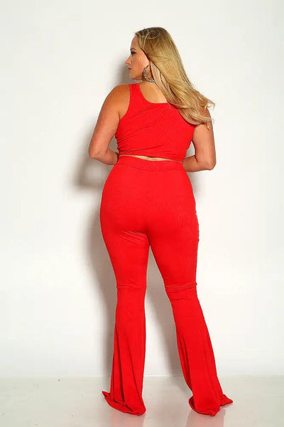 Rec Sleeveless Ribbed Cropped Flared Plus Size Two Piece Outfit - AMIClubwear