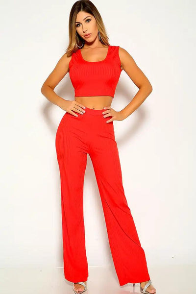 Red 3 Piece Ribbed Cardigan Outfit - AMIClubwear