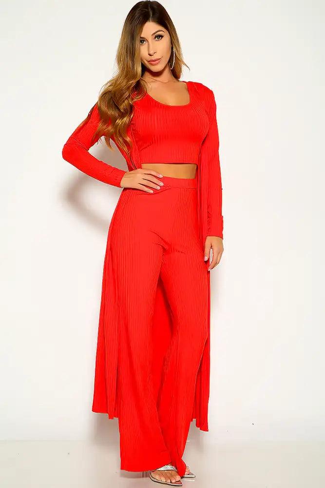 Red 3 Piece Ribbed Cardigan Outfit - AMIClubwear