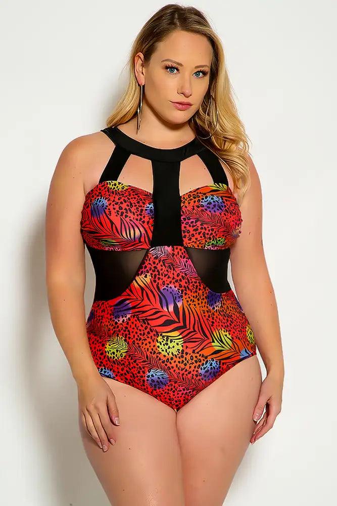 Red Animal Strappy Neckline Cutout Mesh One Piece Swimsuit Plus - AMIClubwear