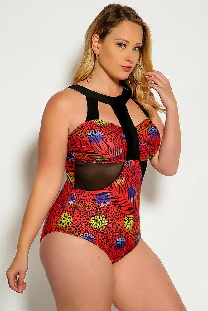 Red Animal Strappy Neckline Cutout Mesh One Piece Swimsuit Plus - AMIClubwear