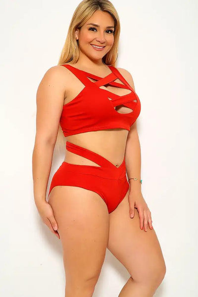 Red Bandage Strappy High Waist Plus Size Two Piece Swimsuit - AMIClubwear