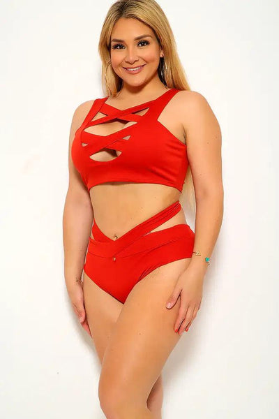 Red Bandage Strappy High Waist Plus Size Two Piece Swimsuit - AMIClubwear