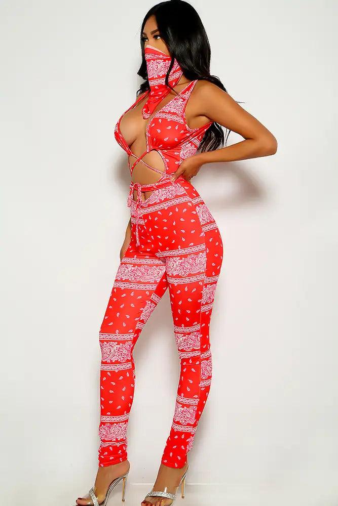 Red Bandana Print Strappy Jumpsuit - AMIClubwear