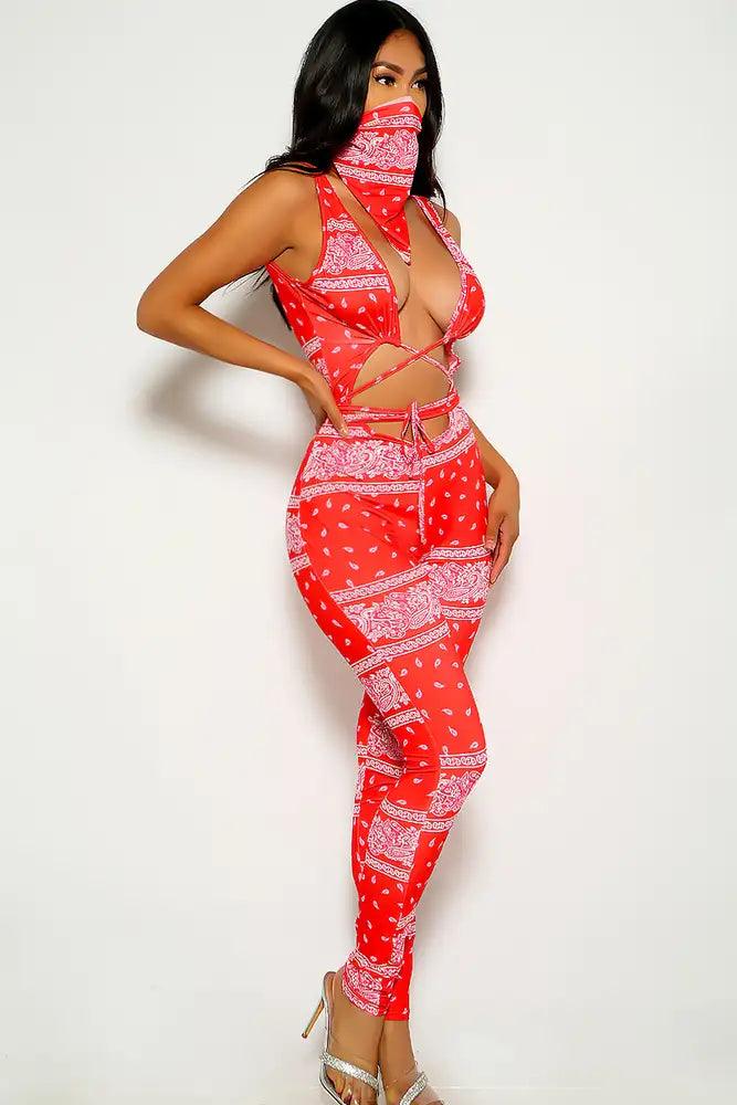 Red Bandana Print Strappy Jumpsuit - AMIClubwear