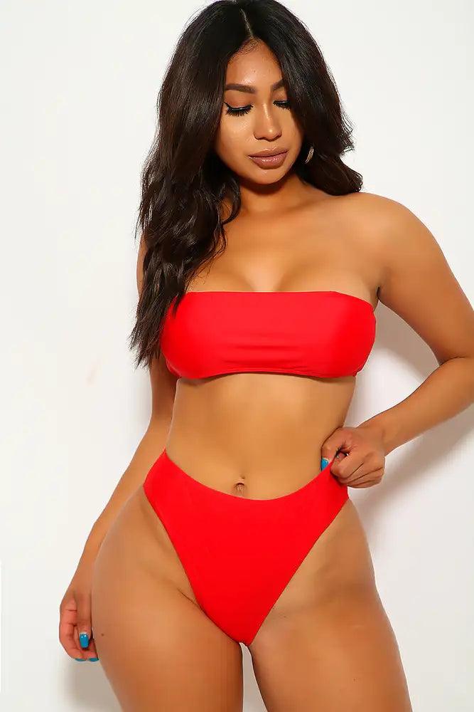 Red Bandeau High Waist Cheeky Two Piece Swimsuit - AMIClubwear