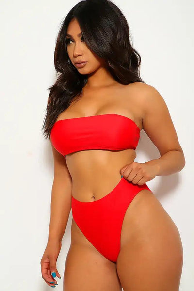 Red Bandeau High Waist Cheeky Two Piece Swimsuit - AMIClubwear