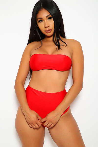Red Bandeau High Waisted 2 Pc. Swimsuit - AMIClubwear