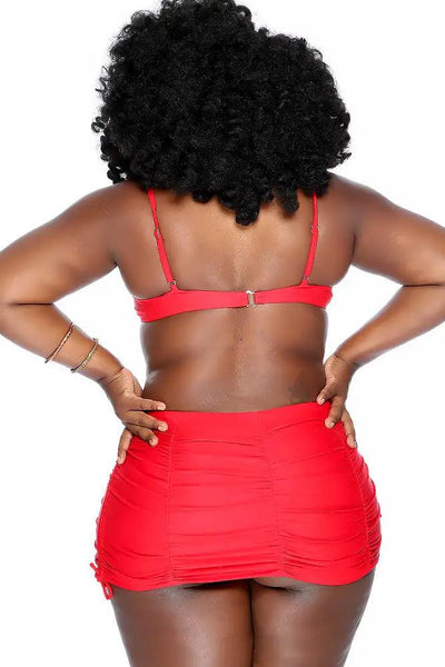 Red Bandeau Knotted Bow Ruched High Waist Skirt Two Piece Swimsuit Plus - AMIClubwear