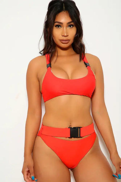 Red Belted Buckle Two Piece Swimsuit - AMIClubwear