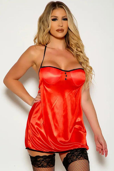 Red Black Button Accent Sexy Chemise - AMIClubwear
