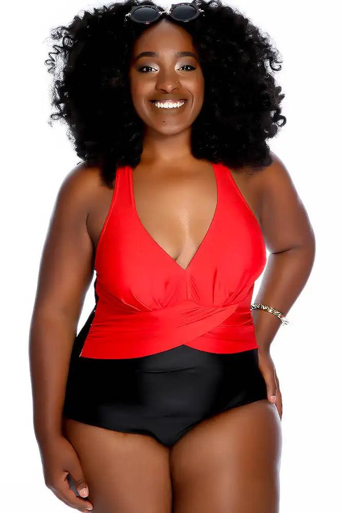 Red Black Criss Cross Center Modest One Piece Swimsuit Plus - AMIClubwear