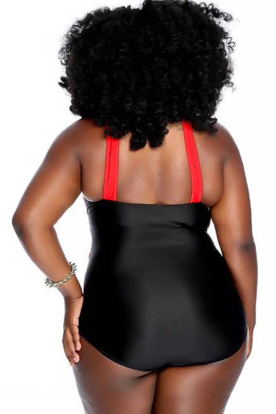 Red Black Criss Cross Center Modest One Piece Swimsuit Plus - AMIClubwear