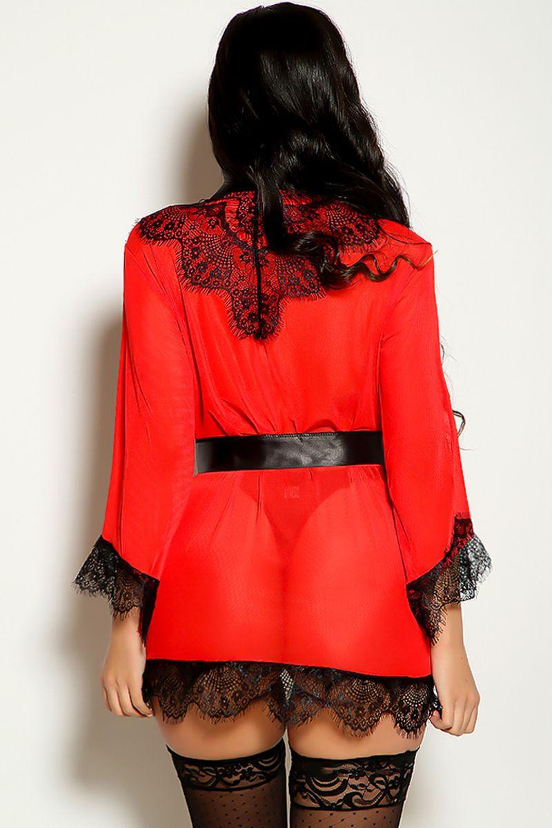 Red Black Lace Mesh Belted Robe - AMIClubwear