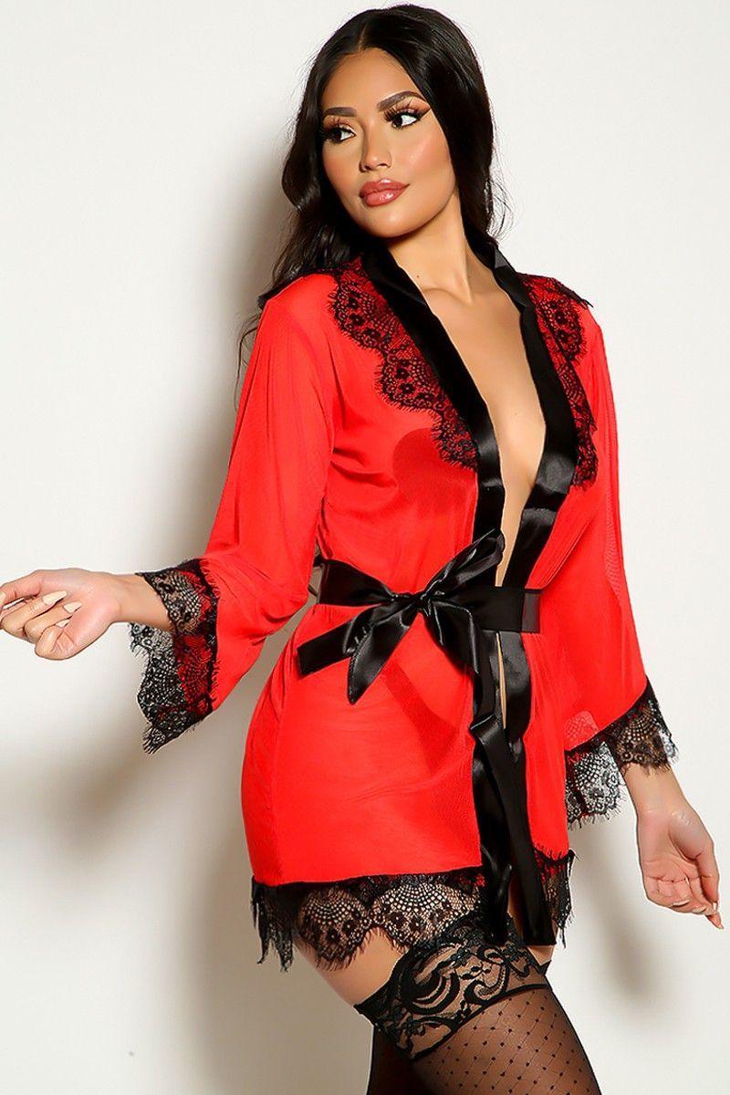 Red Black Lace Mesh Belted Robe Thong Set - AMIClubwear