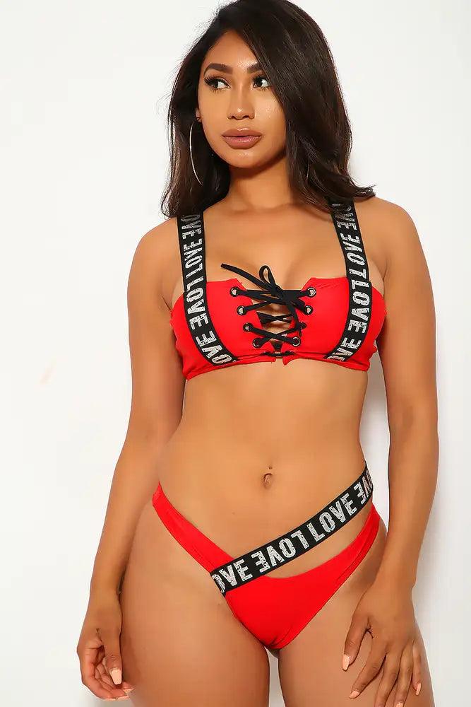 Red Black Lace Up Strappy Two Piece Swimsuit - AMIClubwear